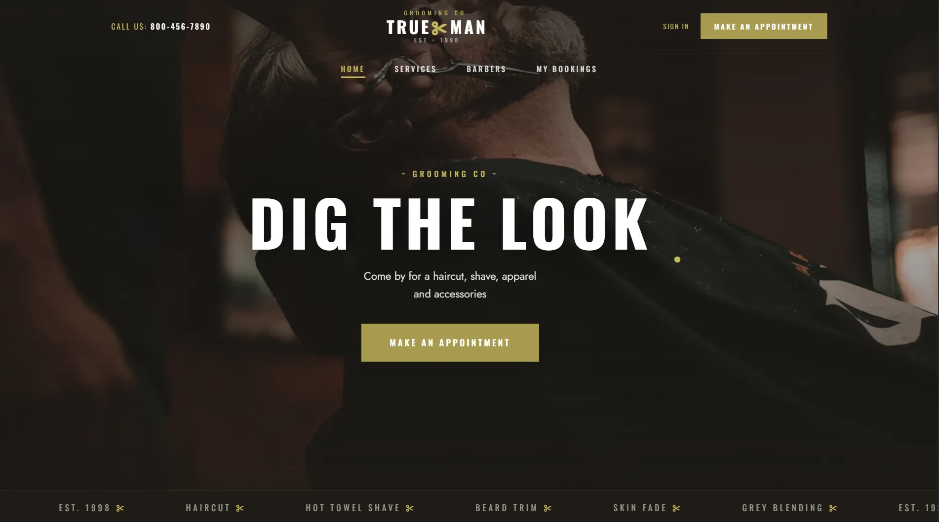 Trueman grooming website with a barber cutting hair