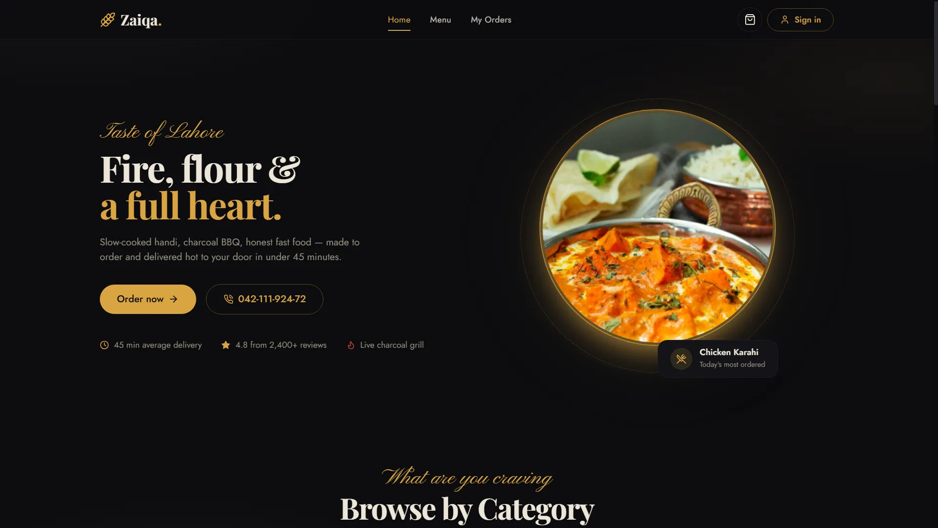 Zaiqa restaurant website featuring chicken karahi