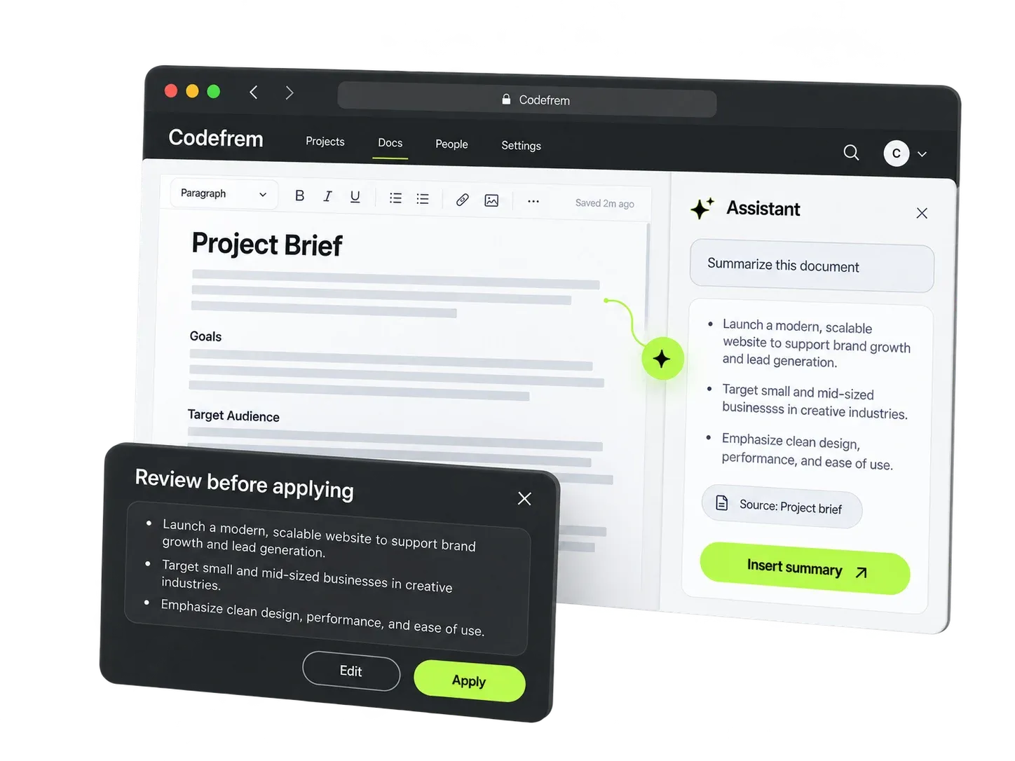An AI assistant integrated into a document workspace with a review step before applying its summary.