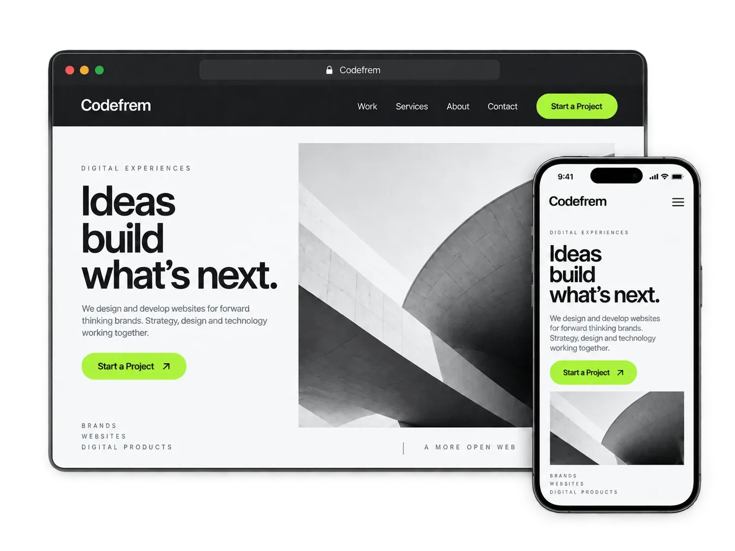 A custom website displayed in matching desktop and mobile layouts.