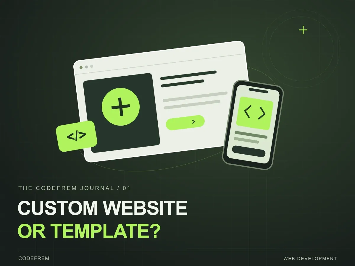 codefrem illustration of a custom desktop website and mobile layout, with the title Custom website or template?