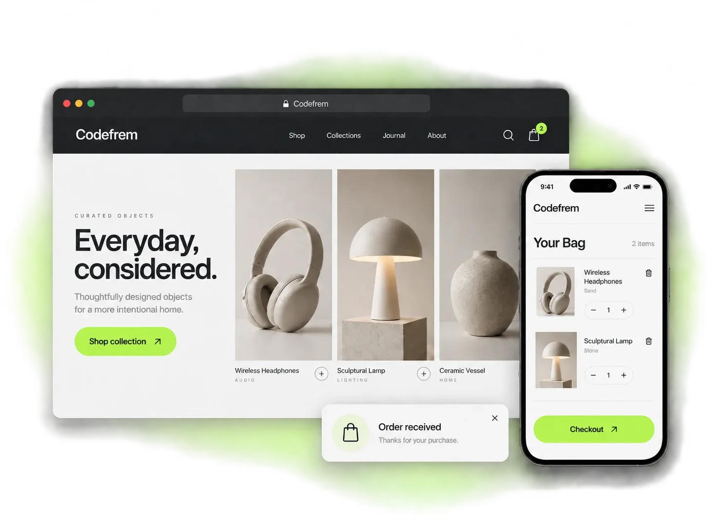 An online storefront with a mobile shopping bag and checkout.