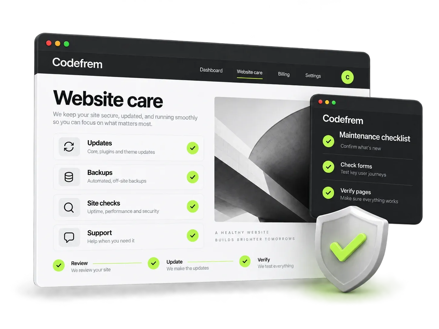 A website care dashboard with update, backup, and maintenance checklists.